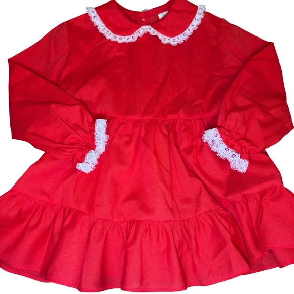 Vintage Toddler Baby Girl Red Long Sleeve Ruffle Holiday Valentine Dress Lace 2T - Picture 8 of 8